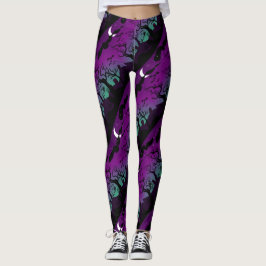 Legging Cenário de cemitério de Halloween roxo e aqua