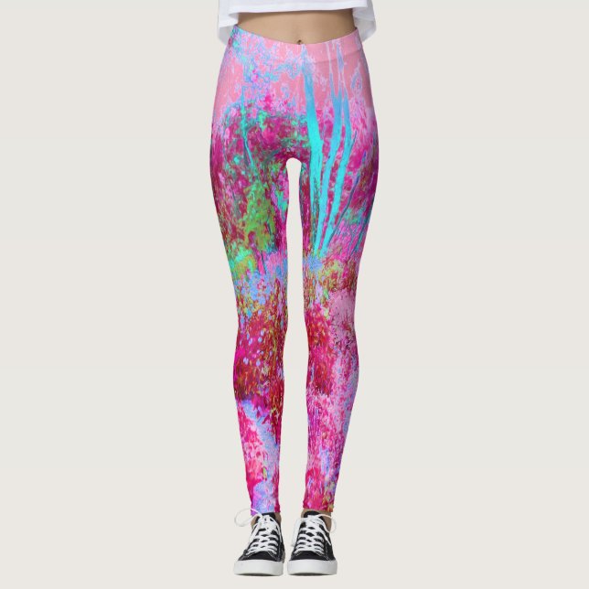 Legging Cenário de Jardim Impressionista Vermelho e Rosa (Frente)