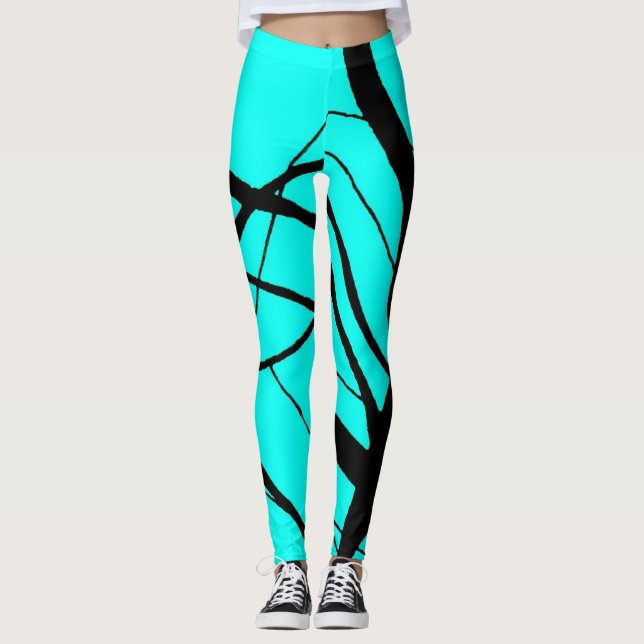Legging Cerceta brilhante e caneleiras lineares pretas (Frente)