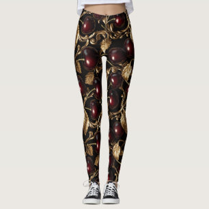 Legging Cereja luxuosa e Dourado padrão barroco sem costur