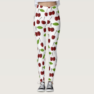 Legging Cereja Vermelha, Padrão De Cerejas, Folhas, Fruta