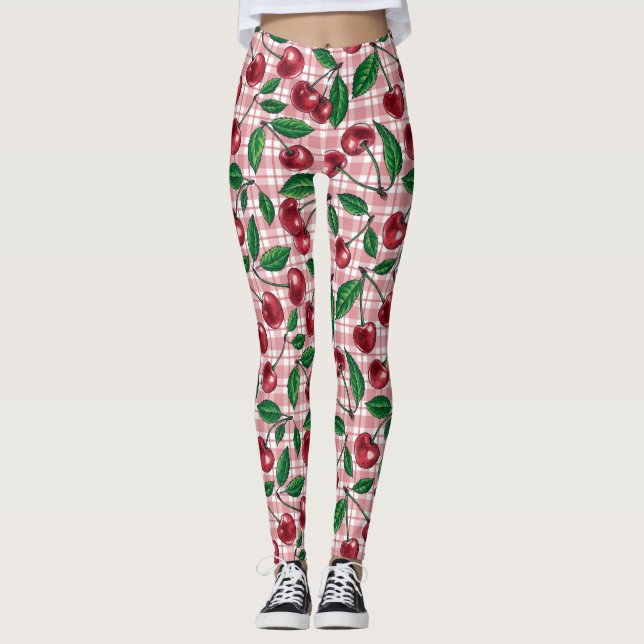 Legging Cerejas vermelhas em gingham rosa (Frente)