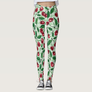 Legging Cerejas vermelhas em gingham verde-claro
