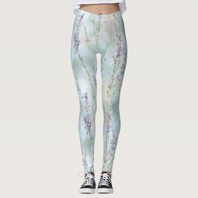 Legging Chá de Bebê Flores Roxas Bonitas Românticas (Frente)