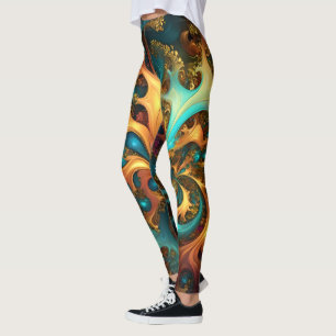 Legging Chama de Cor: Teal, Dourada, dança Fractal Laranja