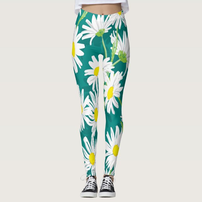Legging Chamomile Turquoise: Ilustração Sem Costura Floral (Frente)