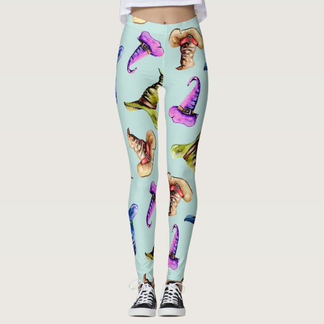 Legging Chapéus antigos de aquarela: fundo azul. (Frente)