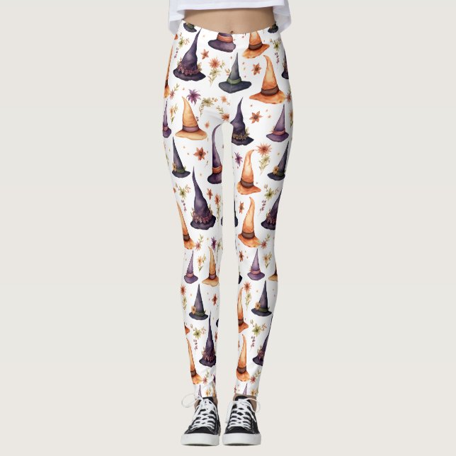 Legging Chapéus e Padrão Floral de Bruxas Laranja e Negra (Frente)