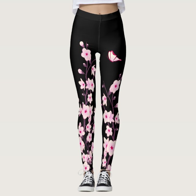 Legging Cherry Blossoms | Floral Rosa Preto (Frente)
