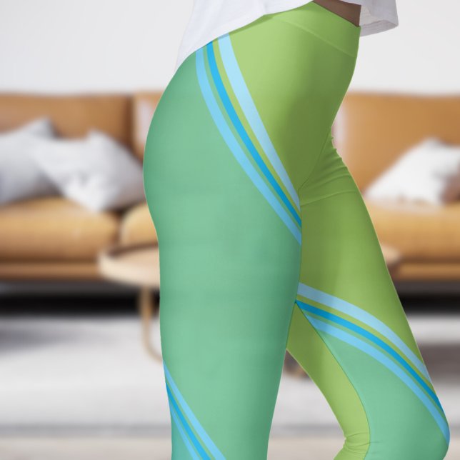 Legging Chic Azure Blue sob Impressão amarelo pálido (Chic Azure Blue under Pale Yellow Banded Print Leggings)