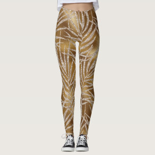 Legging Chic de Padrão de Folhagem de Glitter Dourado Eleg