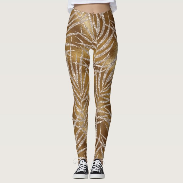 Legging Chic de Padrão de Folhagem de Glitter Dourado Eleg (Frente)