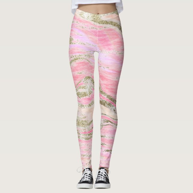 Legging Chic do Padrão de Mármore do Glitter Silver Rosa E (Frente)