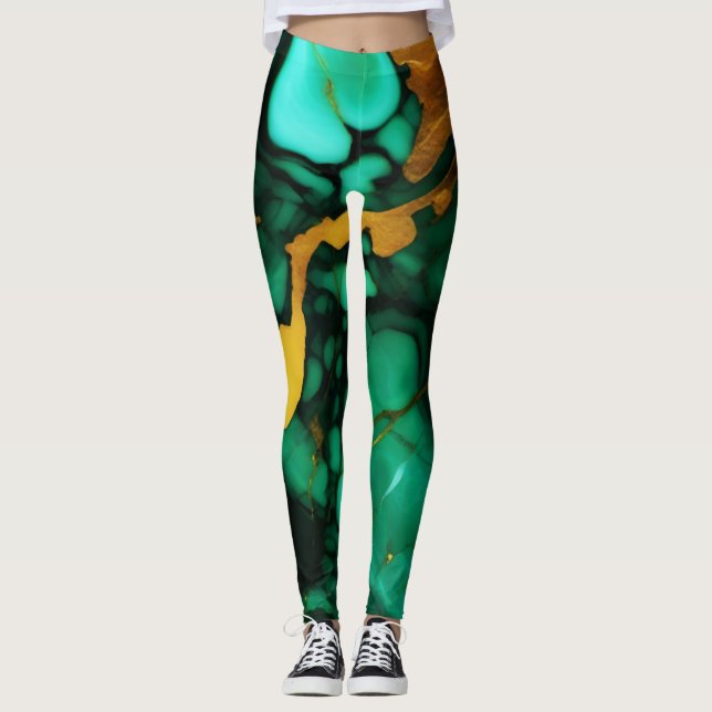 Legging Chic Elegante verde escuro ouro amarelo Faux Marbl (Frente)