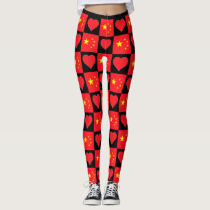 Legging China Flag Heart Pattern Cute Patriotic Chinese