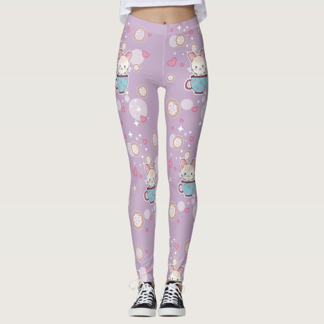 Legging Chinchila de Kawaii no Teacup com biscoitos e (Frente)