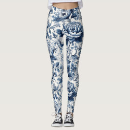 Legging Chinoiserie Toile Blue Peonias Brancas Flor