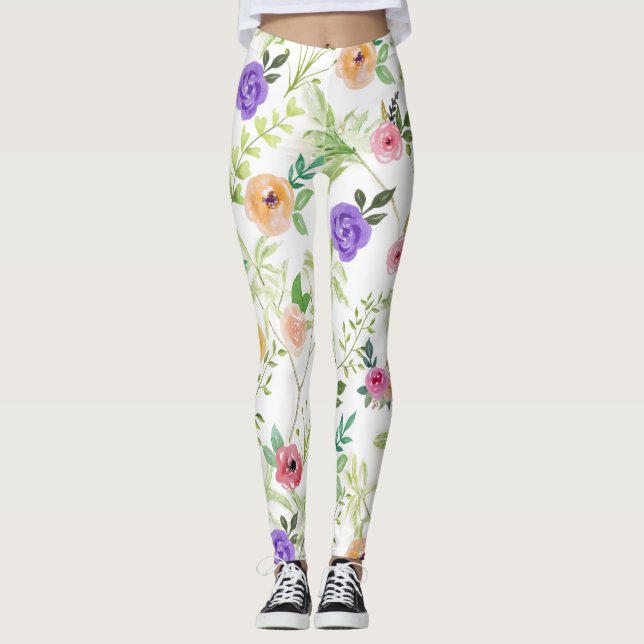 Legging Chique Floral Rosa Amarelo-Amarelo-Púrpura Flores (Frente)