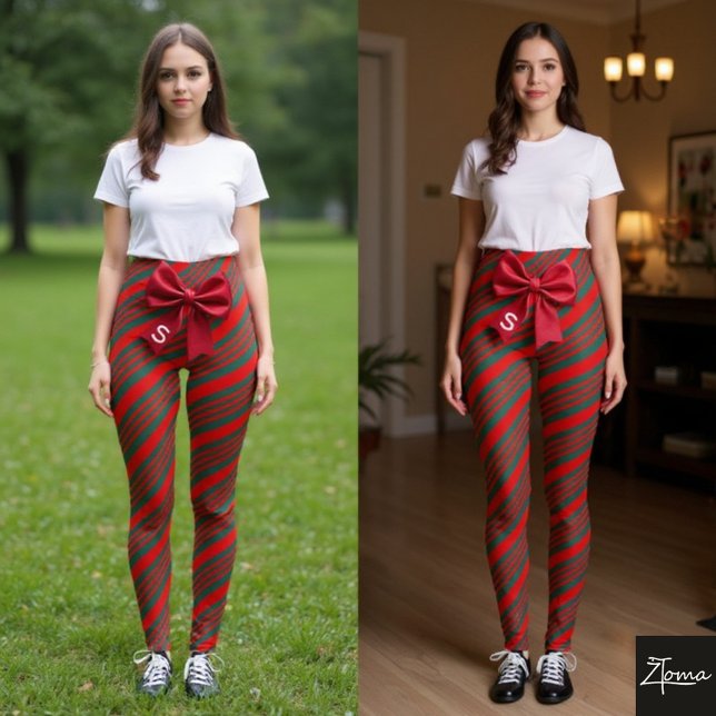 Legging Christmas Diagonal Stripes Red Green Bow (Criador carregado)