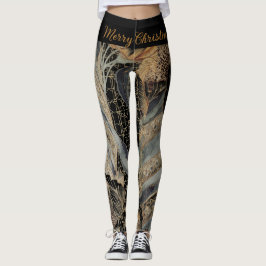 Legging Christmas,Merry Christmas,Gold Blue Flowers Leaves