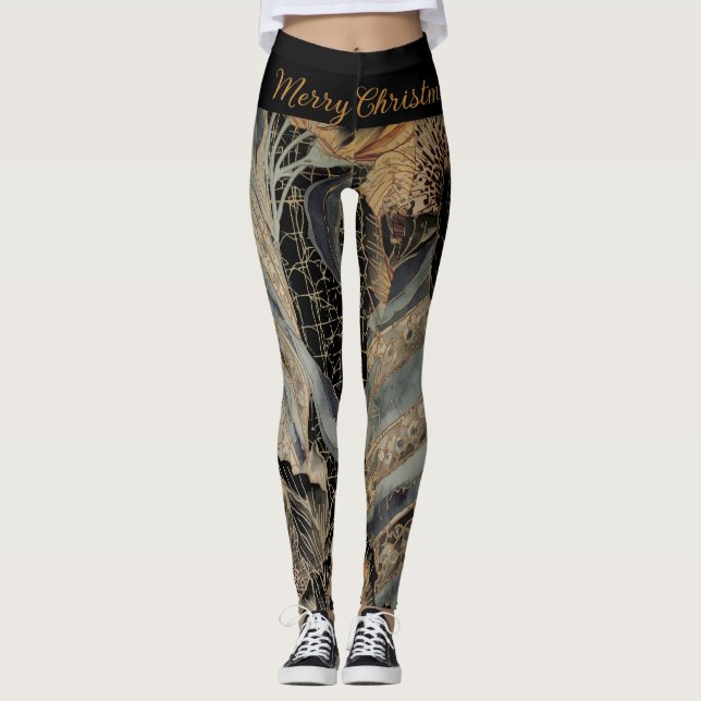 Legging Christmas,Merry Christmas,Gold Blue Flowers Leaves (Frente)