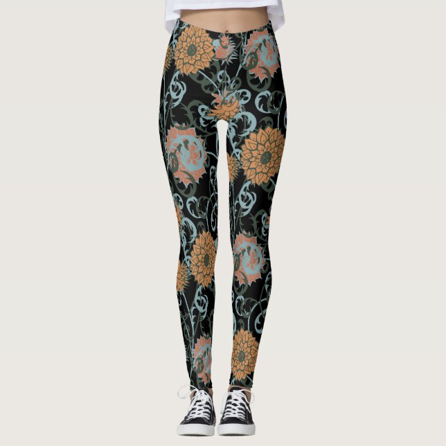 Legging Chrysanthemum Black Background, Floral Vintage. (Frente)