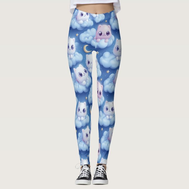 Legging "Chubby Kawaii Cats and Clouds 3D Padrão Invisível (Frente)