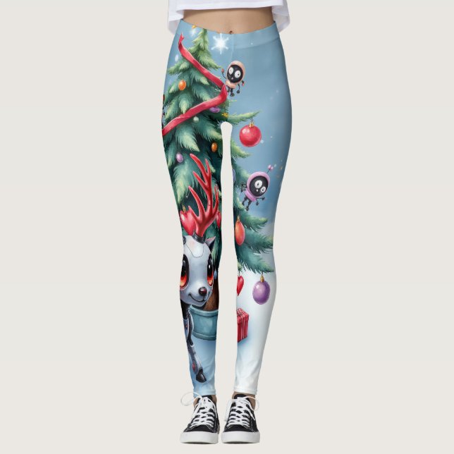 Legging Ciberpunk Reindeer bonito com Árvore de Natal (Frente)