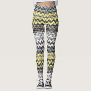 Legging Cinza Amarelo Chevron Padrão Burlap