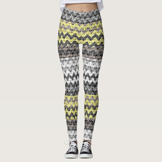 Legging Cinza Amarelo Chevron Padrão Burlap (Frente)