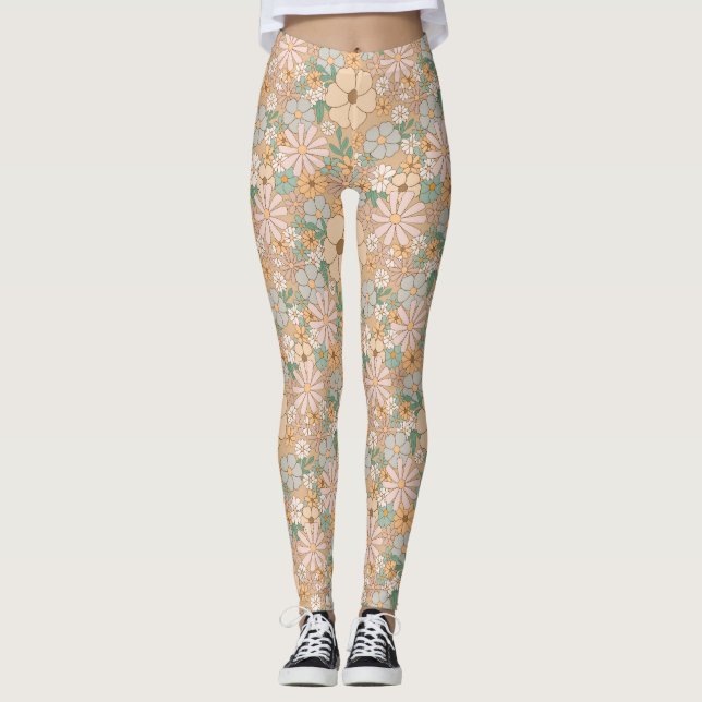 Legging Cinza Cor-de-rosa cor laranja pêssego Floral (Frente)