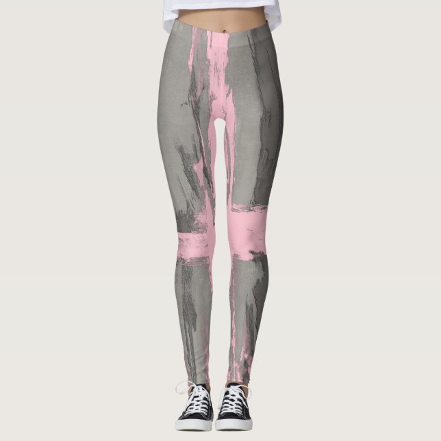 Legging cinza de arte moderna abstrato cor-de-rosa (Frente)