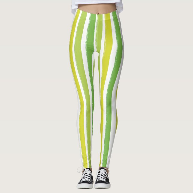 Legging Cinza de Arte Verde e Branco Vertical Stripe (Frente)