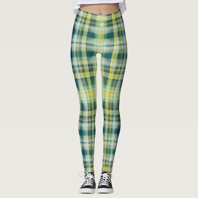 Legging Cinza de laranja verde e vírgula, padrão de xadrez (Frente)