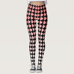 Legging Cinza de Padrão de Coração Cor-de-Rosa e Negra