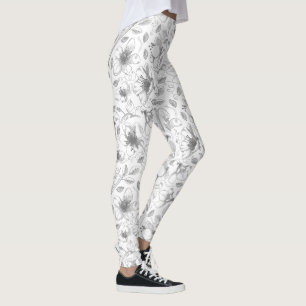 Legging Cinza de Padrão Floral de Contorno Descrito/Wht ID