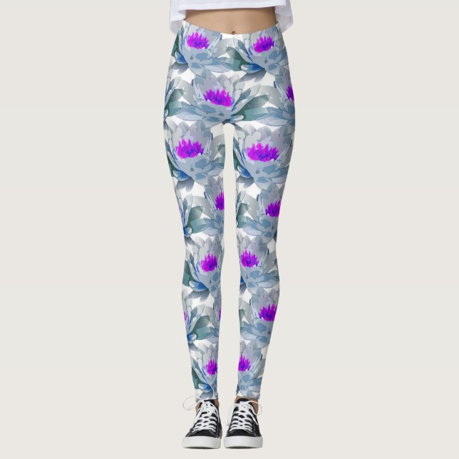 Legging Cinza e padrão de flores roxas (Frente)