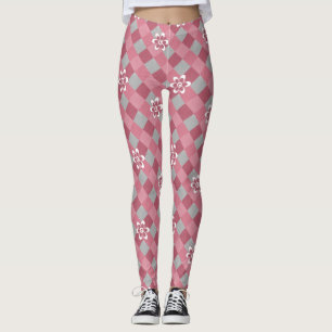 Legging Cinza e xadrez cor-de-rosa com flores camomilares