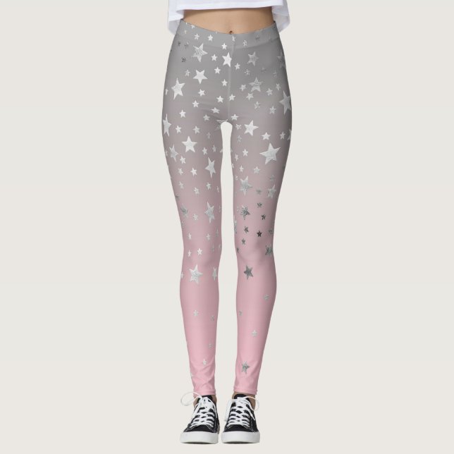 Legging Cinza Rosa Estrelas Ombre Na moda Chic Modern Tren (Frente)