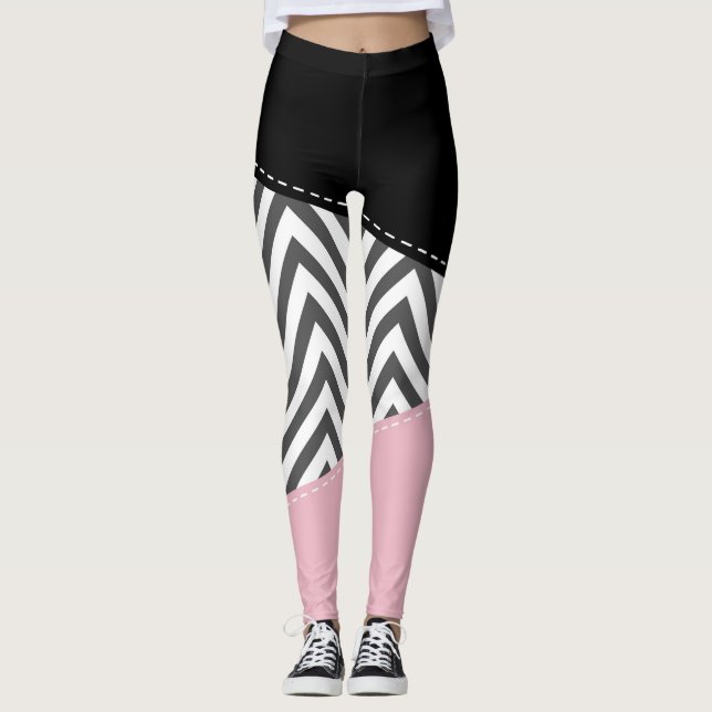 Legging Cinza Zigzag, Cinza Chevron, Zigzag Patterno, Rosa (Frente)