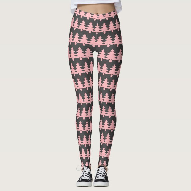 Legging Cinzas Bonitas Rosa Árvores de Natal Mulheres Padr (Frente)
