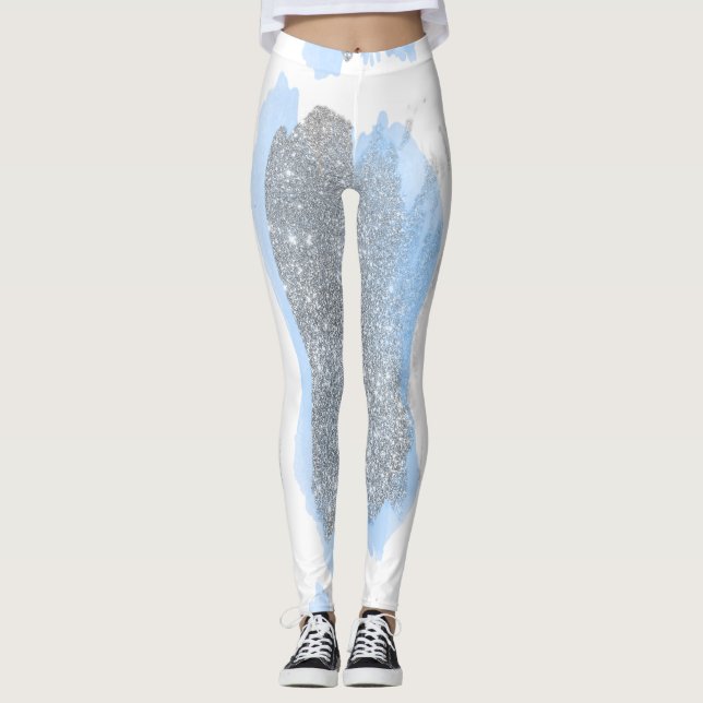 Legging Cinzas De Prata Com Lama Azul Pinceladas (Frente)