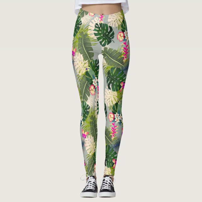 Legging Cinzas de Verão de Folhagem Tropical (Frente)