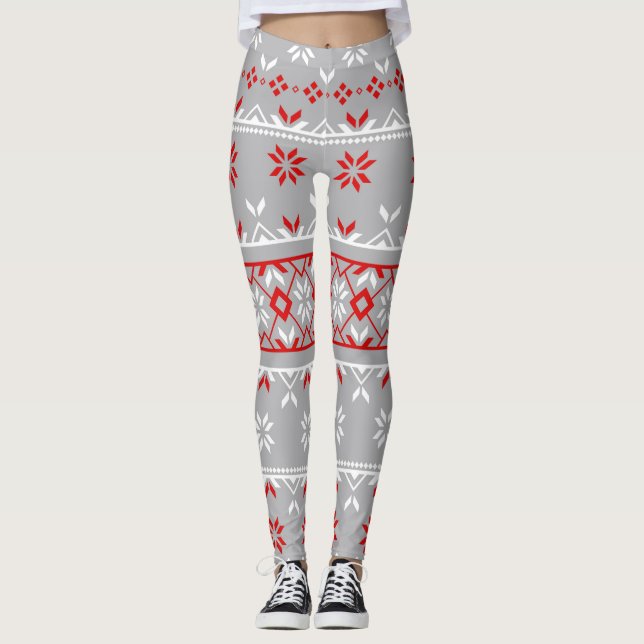 Legging Cinzas/Pernas de Natal de Mulheres Vermelhas (Frente)