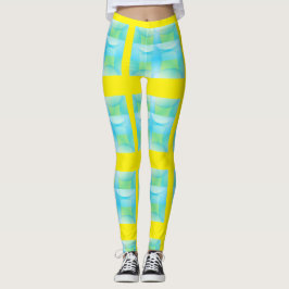 Legging Círculos Azuis Amarelos Abstratos Padrão de Bolhas