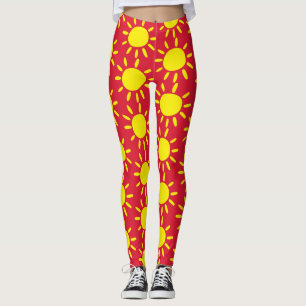 Legging Círculos De Raios De Sol Abstrato Vermelho E Amare