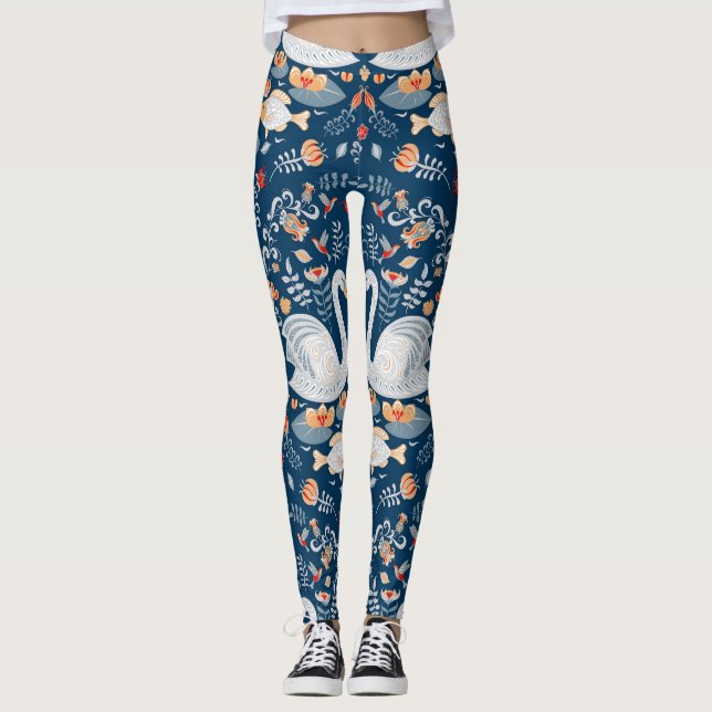 Legging Cisnes, peixes, flores, padrões folclóricos. (Frente)
