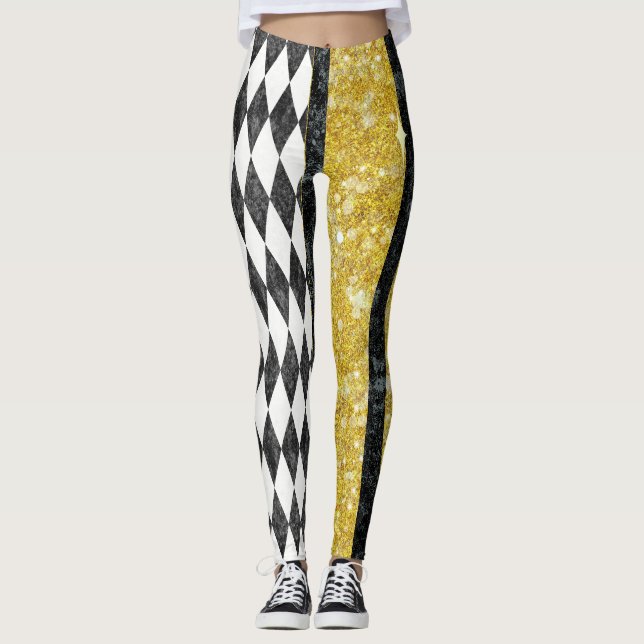 Legging Classy Black White Gold Harlequin Diamond Argyle (Frente)