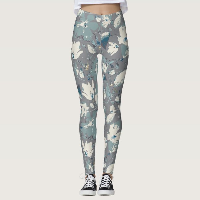 Legging Clematis Vine Cinza Azul Creme Aquarela Floral (Frente)