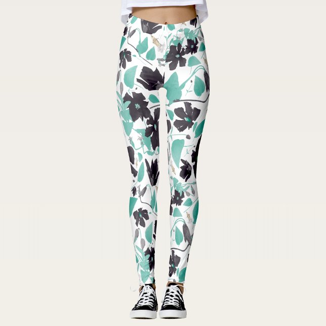 Legging Clematis Vine Floral Cinza Teal Watercolor (Clematis Vine Floral Gray Teal Watercolor Leggings from Studio Posies. )